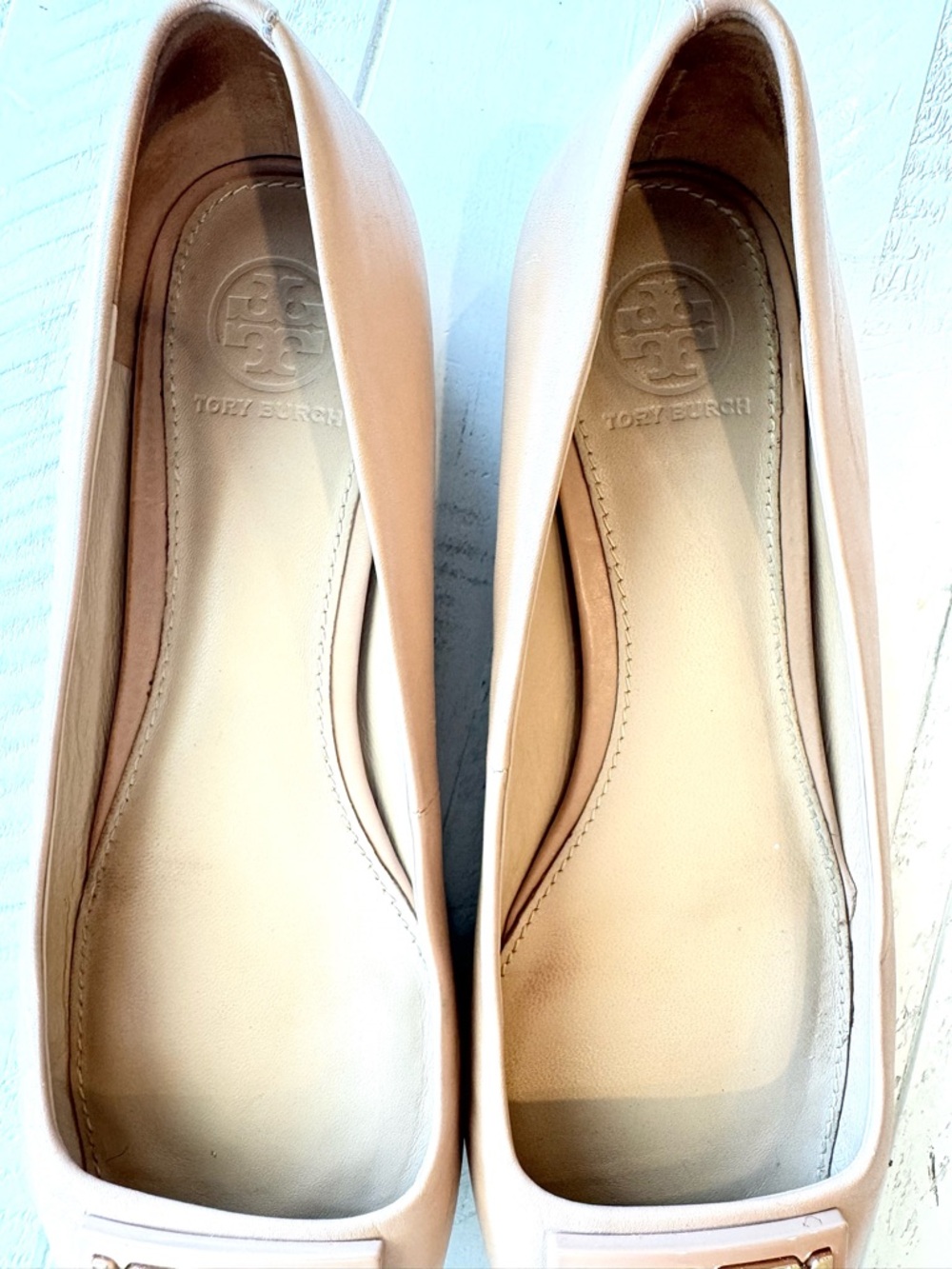 Tory Burch Ballet Flats Leather Logo Beige Size 8M - Picture 6 of 10
